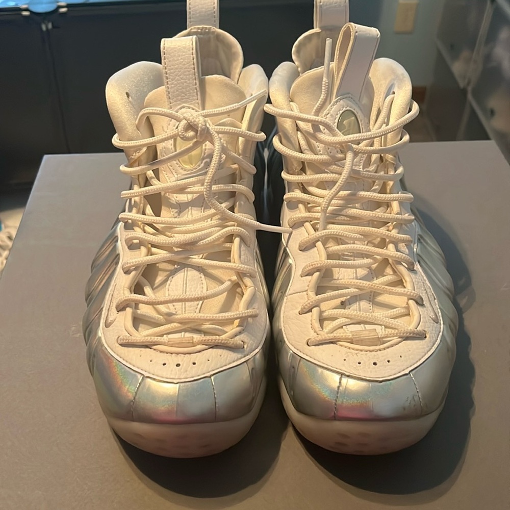 White and silver women foamposites worn still in good condition